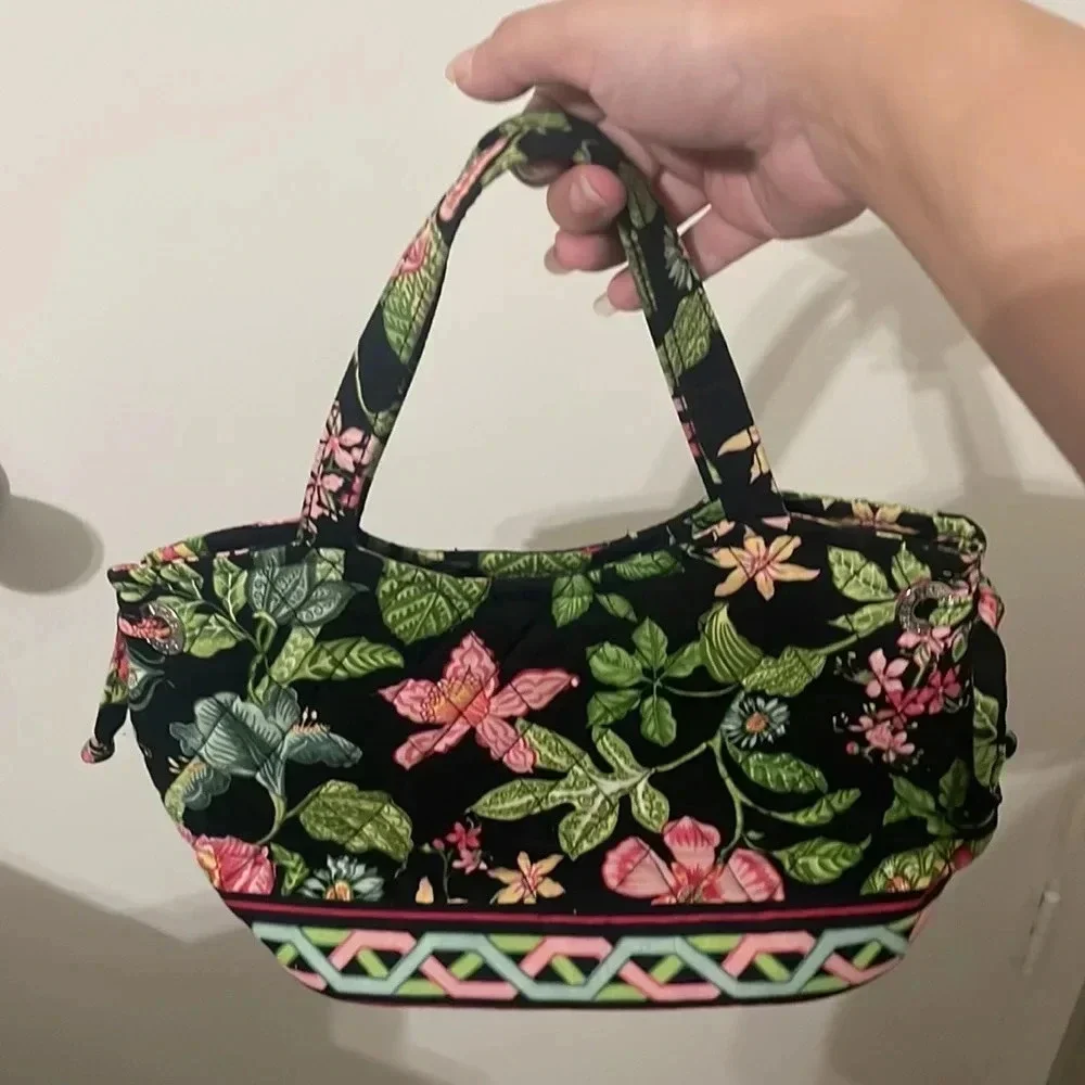 Vera Bradley Quilted Black Floral Tote with Pink and Green Accents